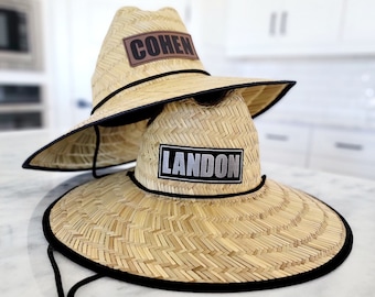 Personalized Straw Sun Hat | Lifeguard Wide Brim Hat with Faux Leather Name Patch | Kids Toddler Adult Matching Hat | Leather Patch