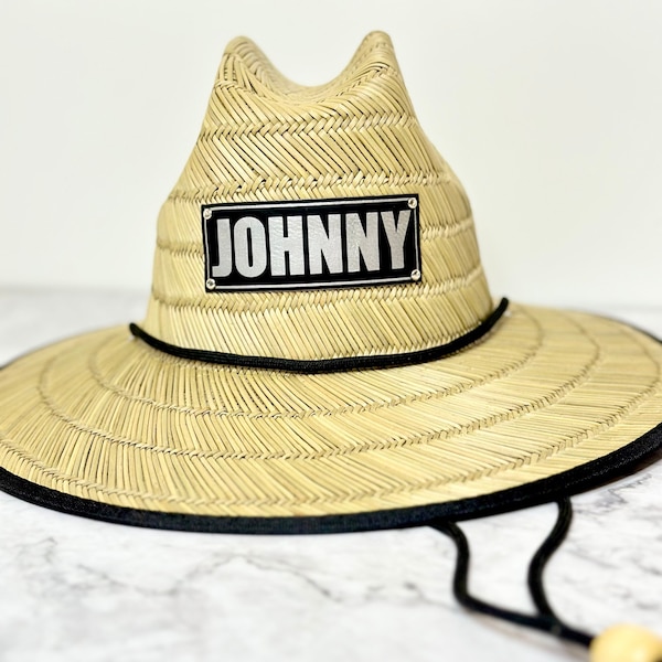 Personalized Straw Sun Hat | Lifeguard Wide Brim Hat with Faux Leather Name Patch | Kids Toddler Adult Matching Hat | Leather Patch