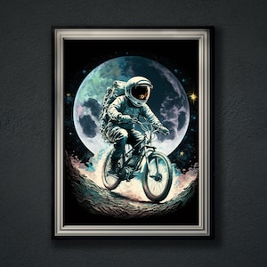 Astronauta conduciendo bicicleta en el arte de la pared de la luna / Cartel espacial retro / Astronauta en el espacio / Regalos espaciales Cartel retro vintage Descarga digital
