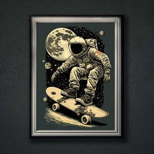 Astronaut Skater in Space Wall Art / Retro Space Poster / Astronaut In Space / Space Gifts Vintage Retro Poster Digital Download