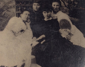 1/6 Plate TINTYPE of Four Women One Holding a Fan