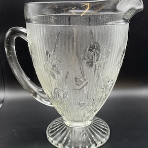 Vintage Jeanette Clear Glass Iris and Herringbone Water Pitcher Depression Glass