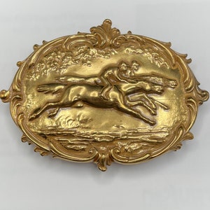 New Old Stock Pressed Metal Belt Buckle or Brooch Pin Two Racing Horses with Jockeys