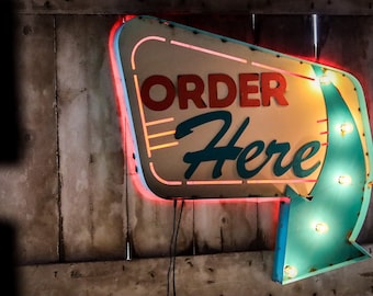Order Here, Mid Century Inspired Diner, Retro Marquee Sign, Light Up Sign, Customizable