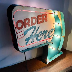 Order Here, Mid Century Inspired Diner, Retro Marquee Sign, Light Up Sign, AMERICAN MADE