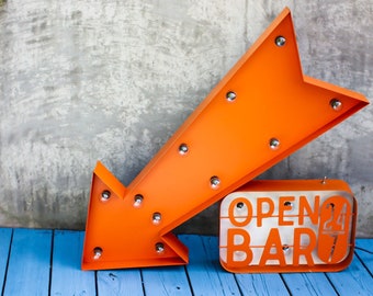 Large Wall Hanging Steel Marquee Sign: Arrow Bar Open 24/7