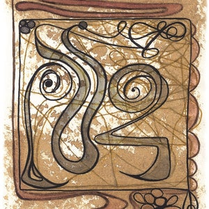 May include: Abstract watercolor painting with brown, black, and gray swirls and lines. The painting is framed by a brown border with a scalloped edge. The painting is signed with a symbol in the lower left corner.