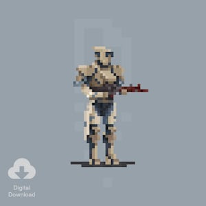 Pode incluir: Uma ilustração de pixel art de um robô bege e azul segurando uma arma vermelha e preta. O robô está em pé em uma plataforma cinza.