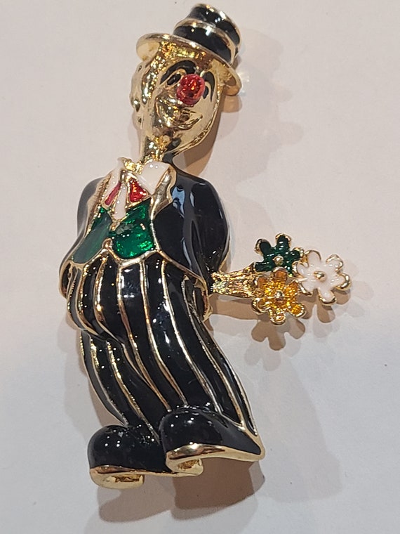 Vintage JOMAZ Clown Brooch Holding Flowers Enamel 