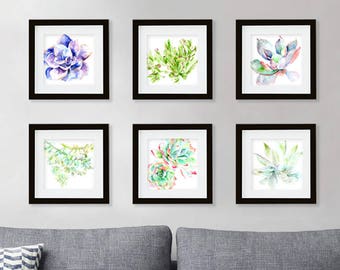 Succulent print set of 6, Succulent wall art, Succulent print, Purple green wall decor, Set of six, 6 prints