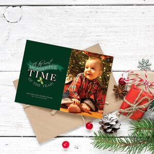 Single Photo Family Christmas or Holiday Card, Green Holly Christmas Card, Holiday Card, Christmas Card, Custom Printable Card