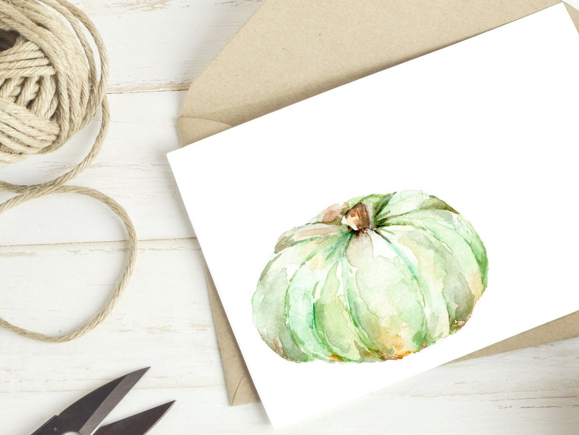 Green Pumpkin Art, Pumpkin Note Card, Set of 5 or 10 Autumn Cards, Fall ...