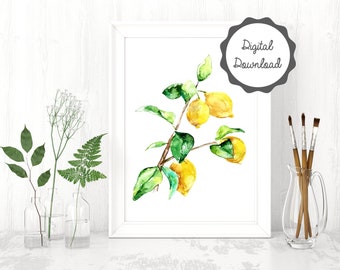 Lemon print, Downloadable lemon print, Citrus print for kitchen, Watercolor Lemon Print, Watercolor Kitchen Decor