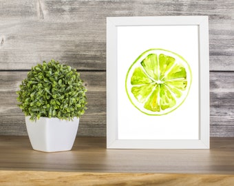 Watercolor lime slice print, Modern lime kitchen decor, Green decor, Kitchen botanical decor, Citrus art, Kitchen wall decor