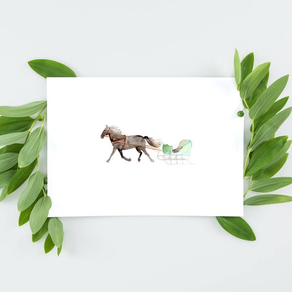Watercolor sleigh, Horse pulling sleigh note cards, Holiday greeting cards, Blank inside cards, Winter greeting card set, Set of 5 or 10