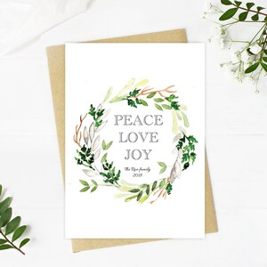 Peace Love and Joy Christmas Holiday Card, Winter Wreath Watercolor Christmas Holiday Card, No-Photo Christmas Card, Printable White Card