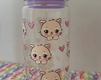 Cat kitten kawaii cute lover glass cans with pastel lid and straw plus straw cleaner
