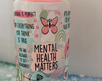 Mental health wellness support gift glass can with lid and straw plus straw cleaner
