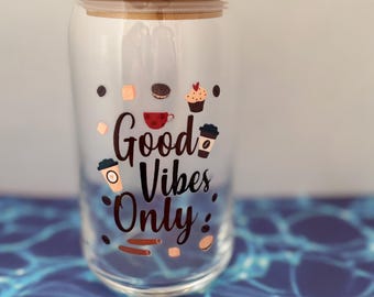 Good vibes coffee tea  lover gift glass can with lid and straw plus straw cleaner