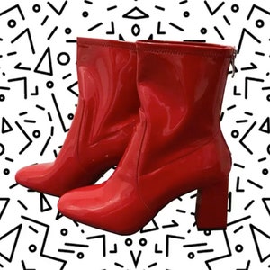 Red shiny patent faux leather ankle boots with heel image 2