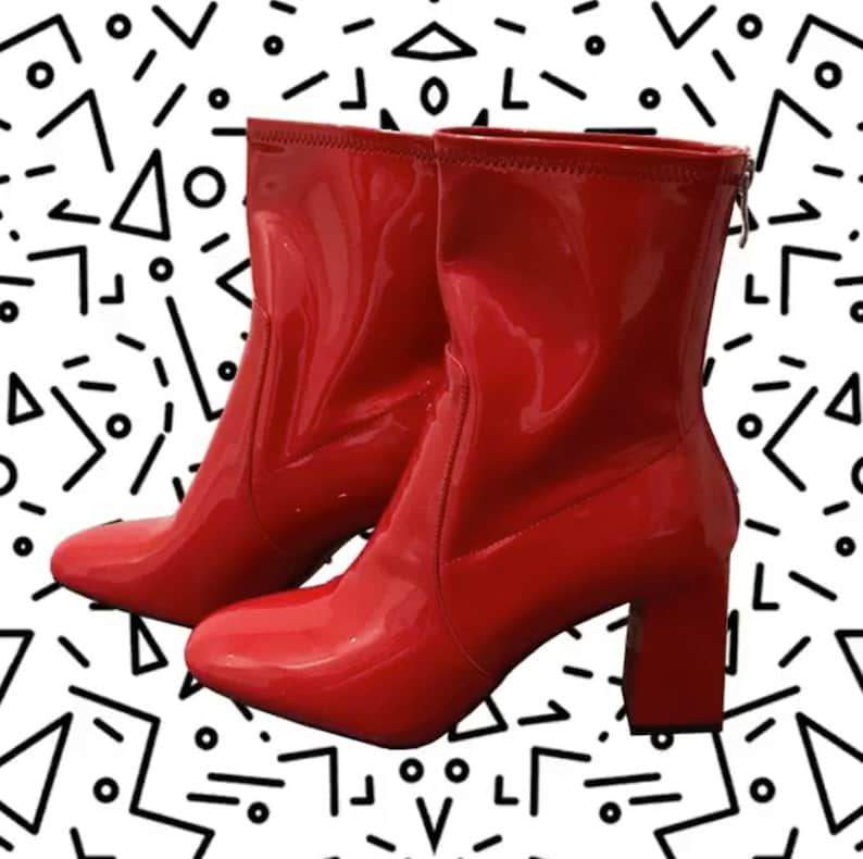 Red shiny patent faux leather ankle boots with heel image 2