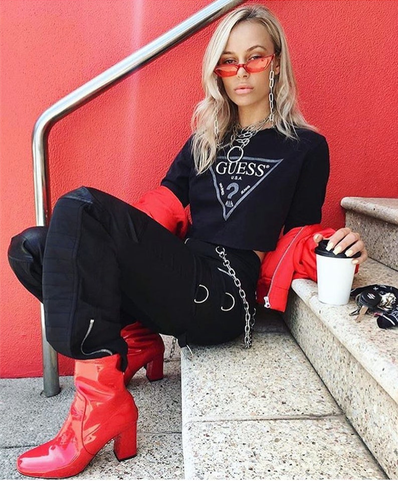 Red shiny patent faux leather ankle boots with heel image 1