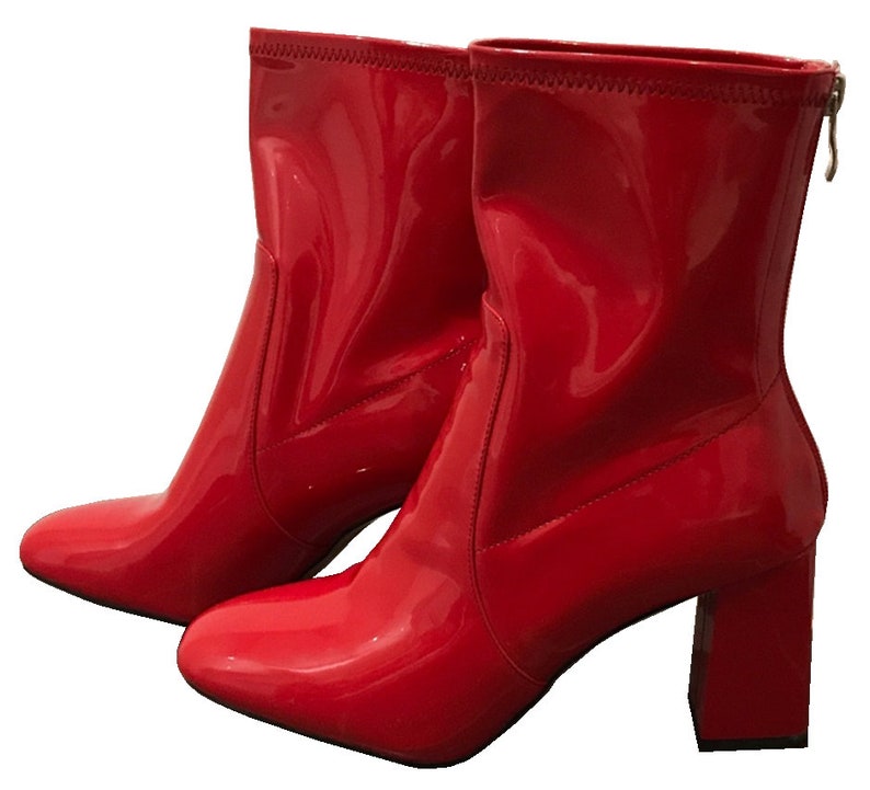 Red shiny patent faux leather ankle boots with heel image 4