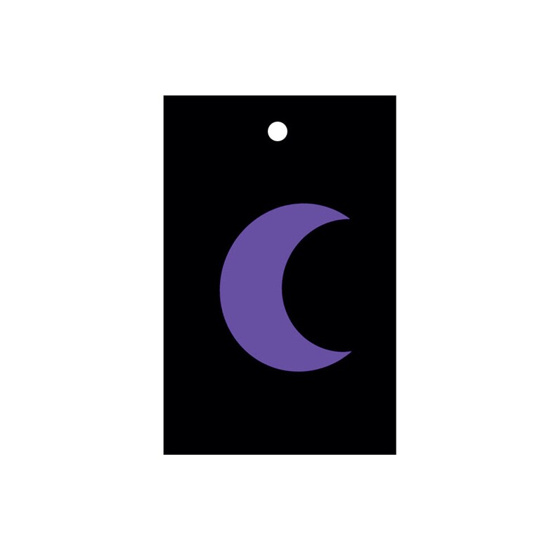 May include: A black tag with a purple crescent moon shape in the center.