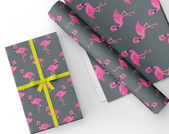 Unique High Quality Pink Flamingo Gift Wrapping Paper on a Grey Background-Size A3 - GP188