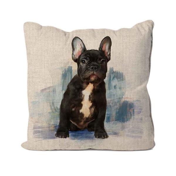 Coussin en lin design bouledogue français fait main. Taille environ 40 x 40 cm (16 x 16 po.) GFDCUS02