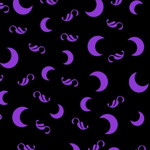 May include: A seamless pattern featuring purple crescent moons and stylized floral designs on a black background.