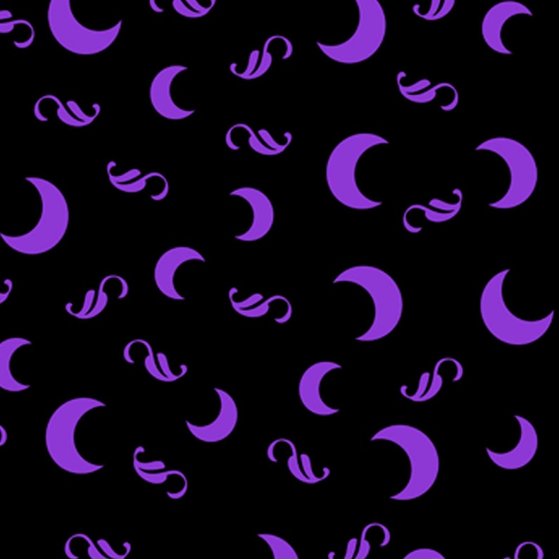 May include: A seamless pattern featuring purple crescent moons and stylized floral designs on a black background.