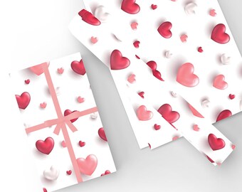Unikt högkvalitativt presentpapper med 3D-hjärtmotiv - rosa/vitt/rött. Storlek 70 x 50 cm