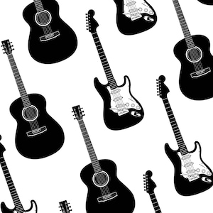 May include: A repeating pattern of black acoustic and electric guitars on a white background. The guitars are in various orientations, showcasing their shapes and details, including the sound holes and strings.