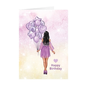 Biglietto d'auguri, biglietto d'auguri-femmina con palloncini.Dimensioni A6-105 × 148 mm. Versetto all'interno di 'Have a Wonderful Birthday' HGCCR32