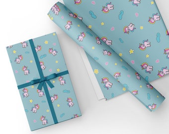 Unicorn Gift Wrapping Paper-gift wrap. Blue Unicorns Size A3 - GP306