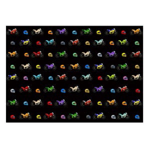 May include: A black background with a repeating pattern of colorful motorcycles and helmets. The motorcycles are all facing the same direction and are in various shades of blue, green, red, yellow, orange, and purple. The helmets are in the same colors as the motorcycles.