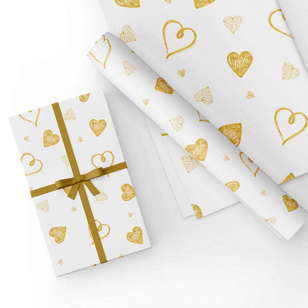Gold Red Hearts Love Gift Wrap 1/2 Ream 417 ft x 30 in