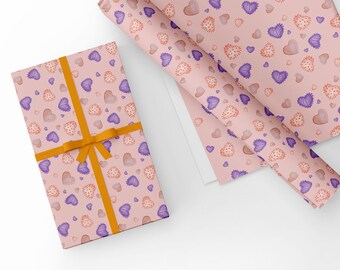 Unikt högkvalitativt presentpapper med lila hjärtan. Alla hjärtans dag, födelsedagar, storlek A3 - GP355