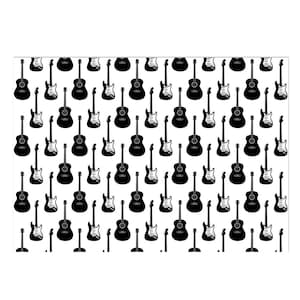 May include: A repeating pattern of black and white guitars. The design features both acoustic and electric guitars, creating a musical theme. The guitars are evenly spaced across a white background.