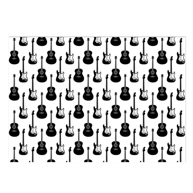 May include: A repeating pattern of black and white guitars. The design features both acoustic and electric guitars, creating a musical theme. The guitars are evenly spaced across a white background.