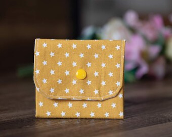 Handmade Coin Purse, Wallet Card Holder, Women’s Mini Wallet, Children’s Purse with 3 Compartments. Yellow Stars Design-CP03