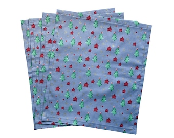 Larger Christmas Napkins, Christmas Serviettes, Handmade Christmas Napkins, Green Trees with Red Stars Design-Set of 4-NAP40