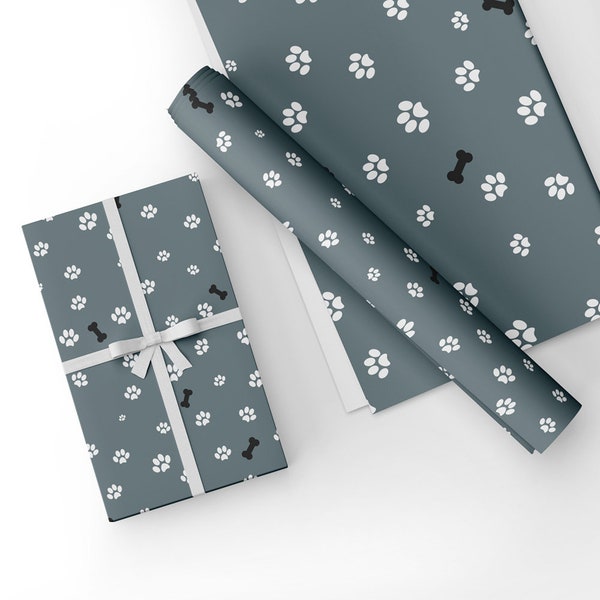 Unique High Quality Dog Paws and Bone Print Gift Wrap-Grey. Available in two sizes. GP-135