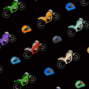 May include: A seamless pattern featuring colorful motorcycles and helmets. The motorcycles are in various colors, including green, orange, purple, blue, and red. The helmets are in various colors, including blue, green, and red.