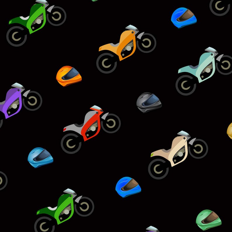 May include: A seamless pattern featuring colorful motorcycles and helmets. The motorcycles are in various colors, including green, orange, purple, blue, and red. The helmets are in various colors, including blue, green, and red.