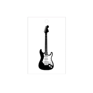 May include: A black and white illustration of an electric guitar. The guitar has a classic body shape with a white pickguard, black body, and a long neck with tuning pegs. The image is on a white background.