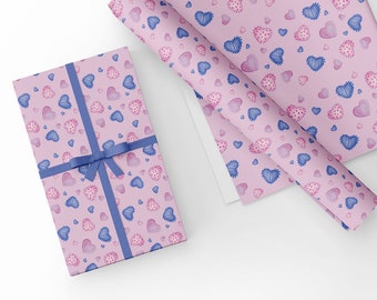 Unikt högkvalitativt presentpapper med blå/rosa hjärtan. Alla hjärtans dag, födelsedagar, storlek A3 - GP354