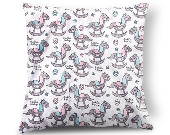 Lovely Rocking Horse Design Cushion in Pink & Grey. Size 40 x 40cm (16″ x 16″) CUS66