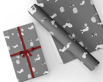 Unique High Quality Bunny Rabbit & Hedgehog Design Gift Wrapping Paper on a Grey Background -Size A3 - GP-253